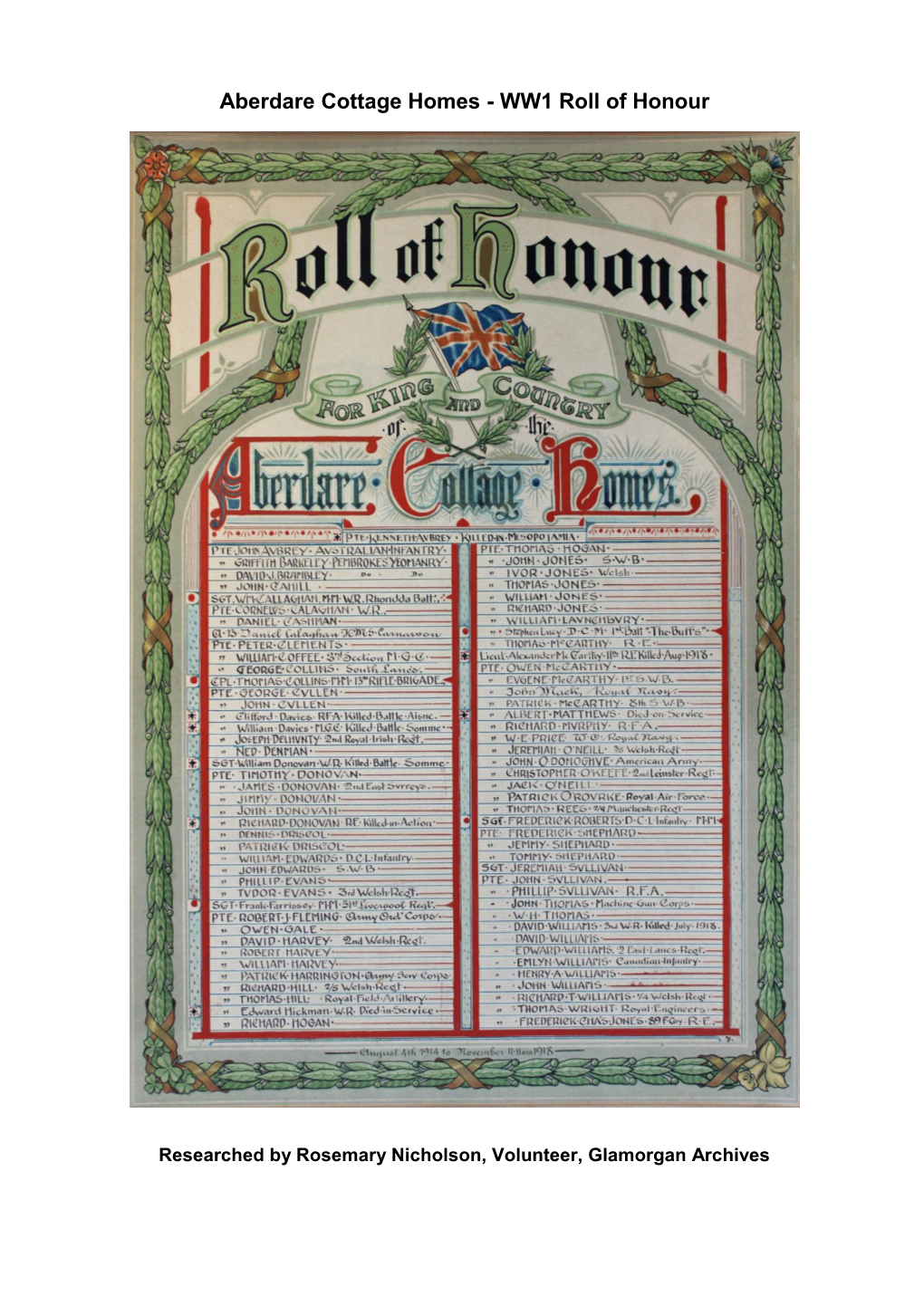 WW1 Aberdare Roll of Honour