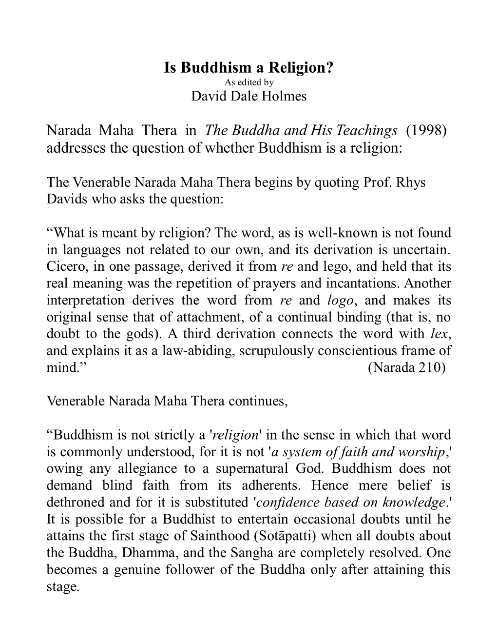 Is Buddhism a Religion? As Edited by David Dale Holmes