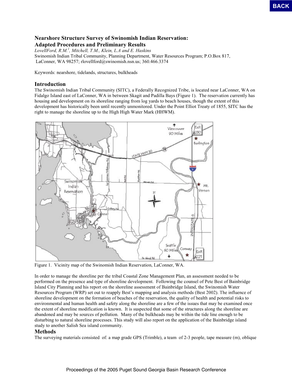 Nearshore Structure Survey of Swinomish Indian Reservation: Adapted Procedures and Preliminary Results Lovellford, R.M.1, Mitchell, T.M., Klein, L.A and E