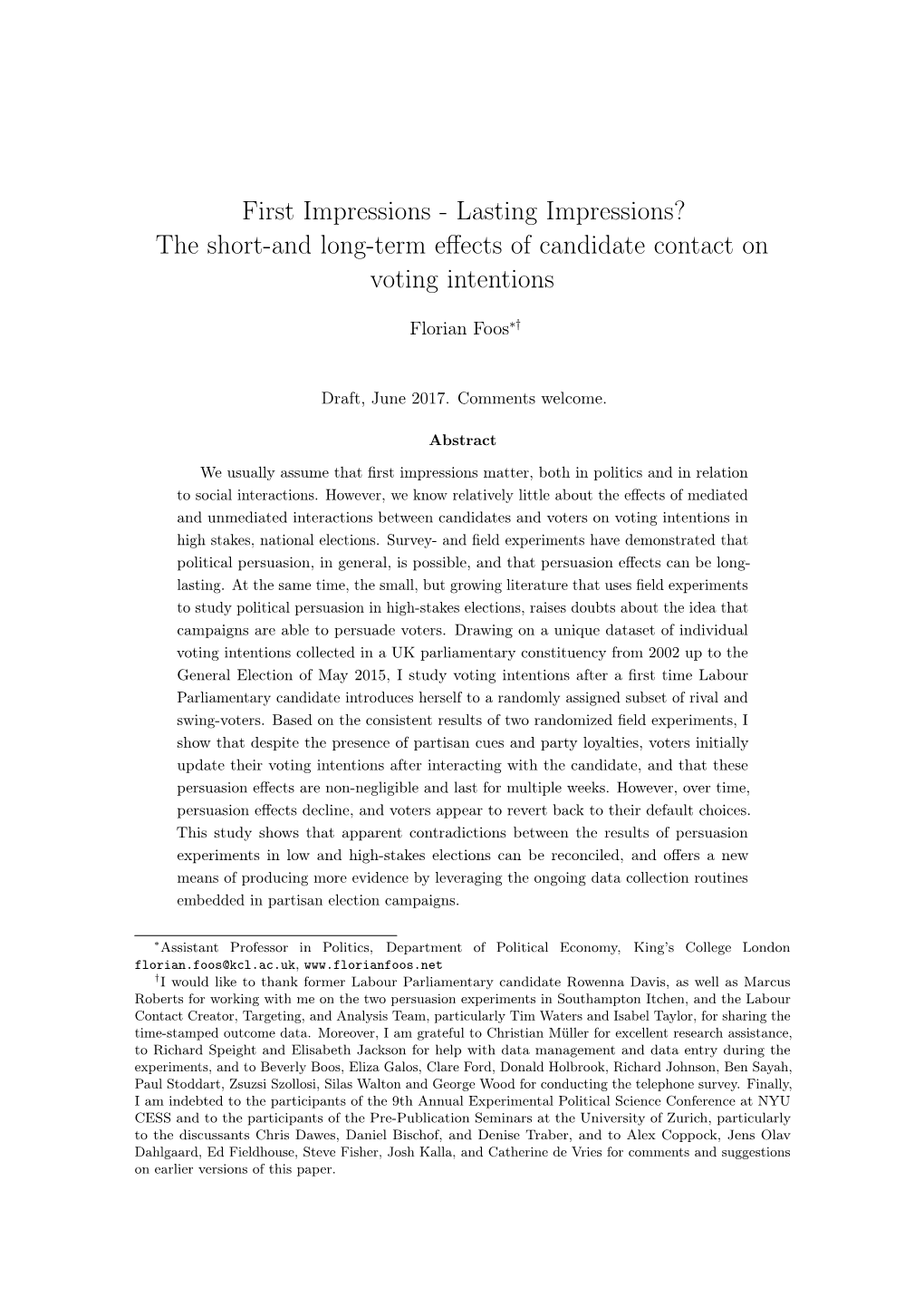 First Impressions - Lasting Impressions? the Short-And Long-Term Eﬀects of Candidate Contact on Voting Intentions