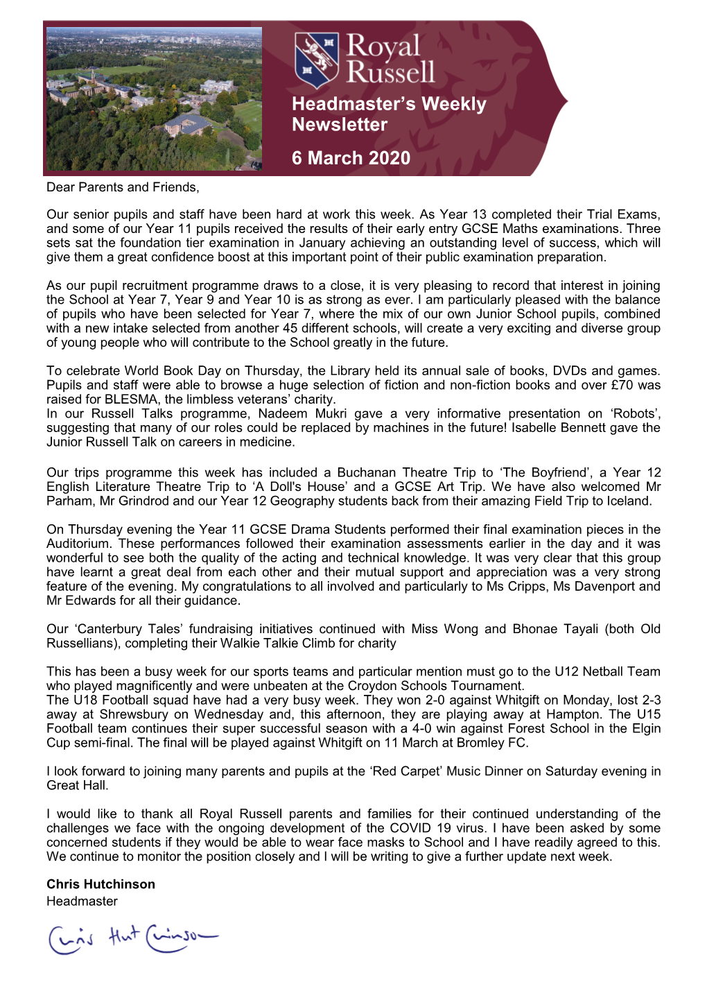 Headmaster's Weekly Newsletter 6 March 2020