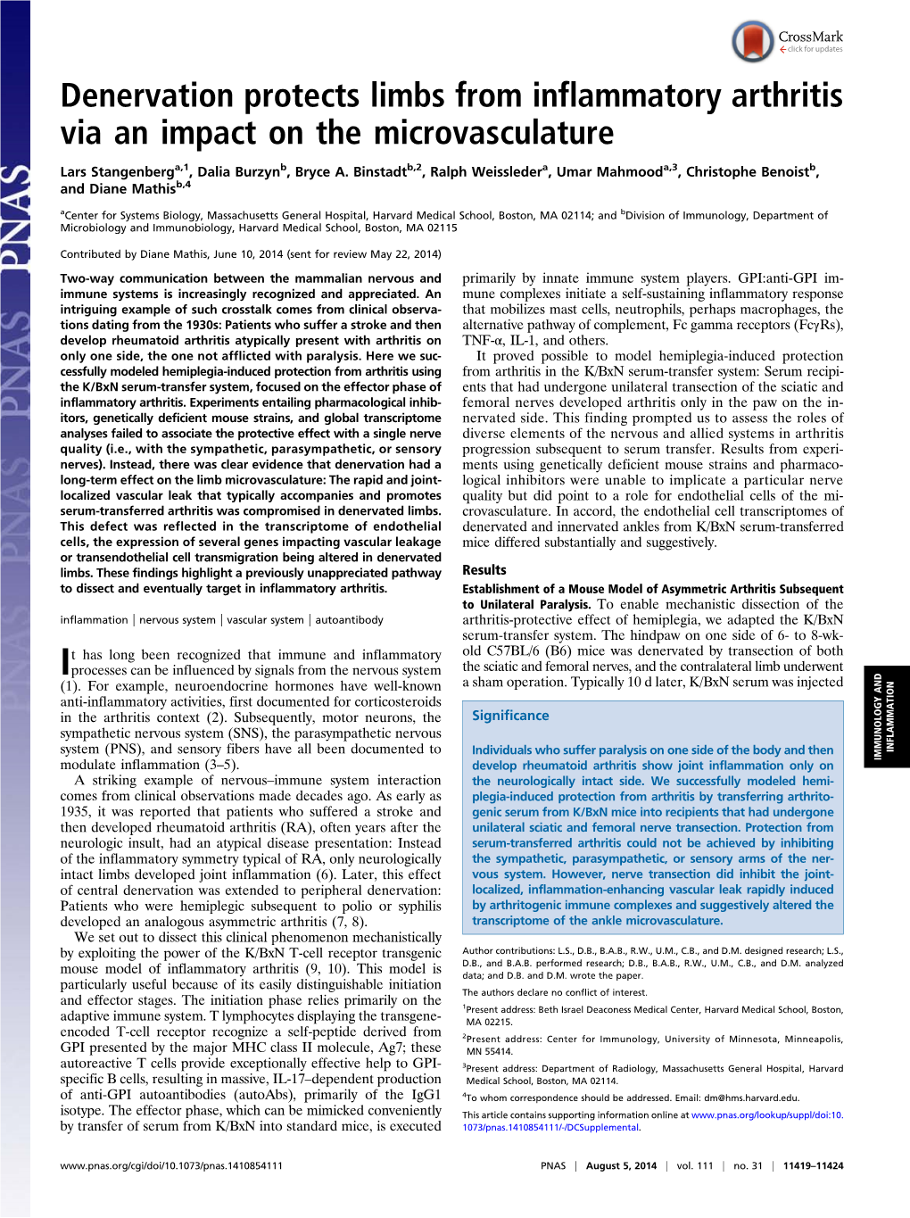 Denervation Protects Limbs from Inflammatory Arthritis Via an Impact on the Microvasculature