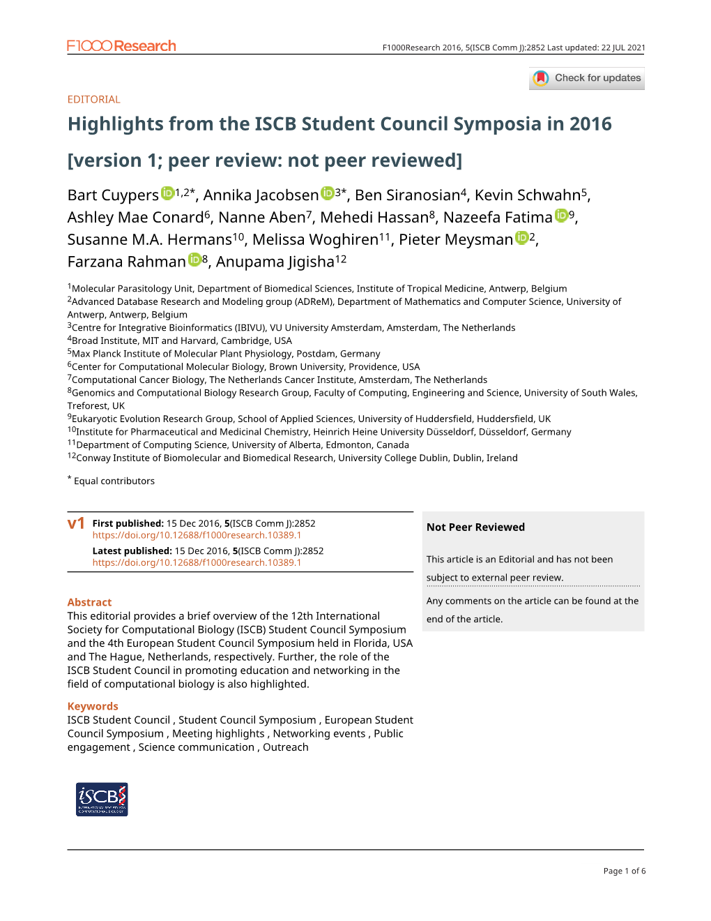 Highlights from the ISCB Student Council Symposia in 2016 [Version 1; Peer Review: Not Peer Reviewed]