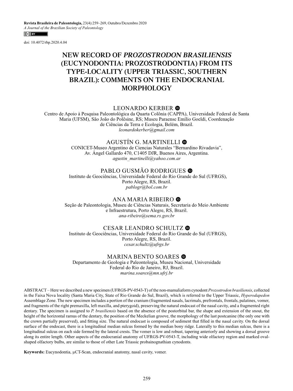 Revista Brasileira De Paleontologia, 23(4):259–269, Outubro/Dezembro 2020 a Journal of the Brazilian Society of Paleontology Doi: 10.4072/Rbp.2020.4.04