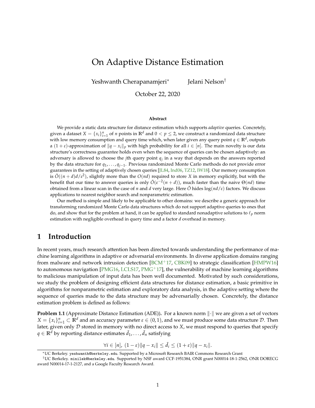 On Adaptive Distance Estimation