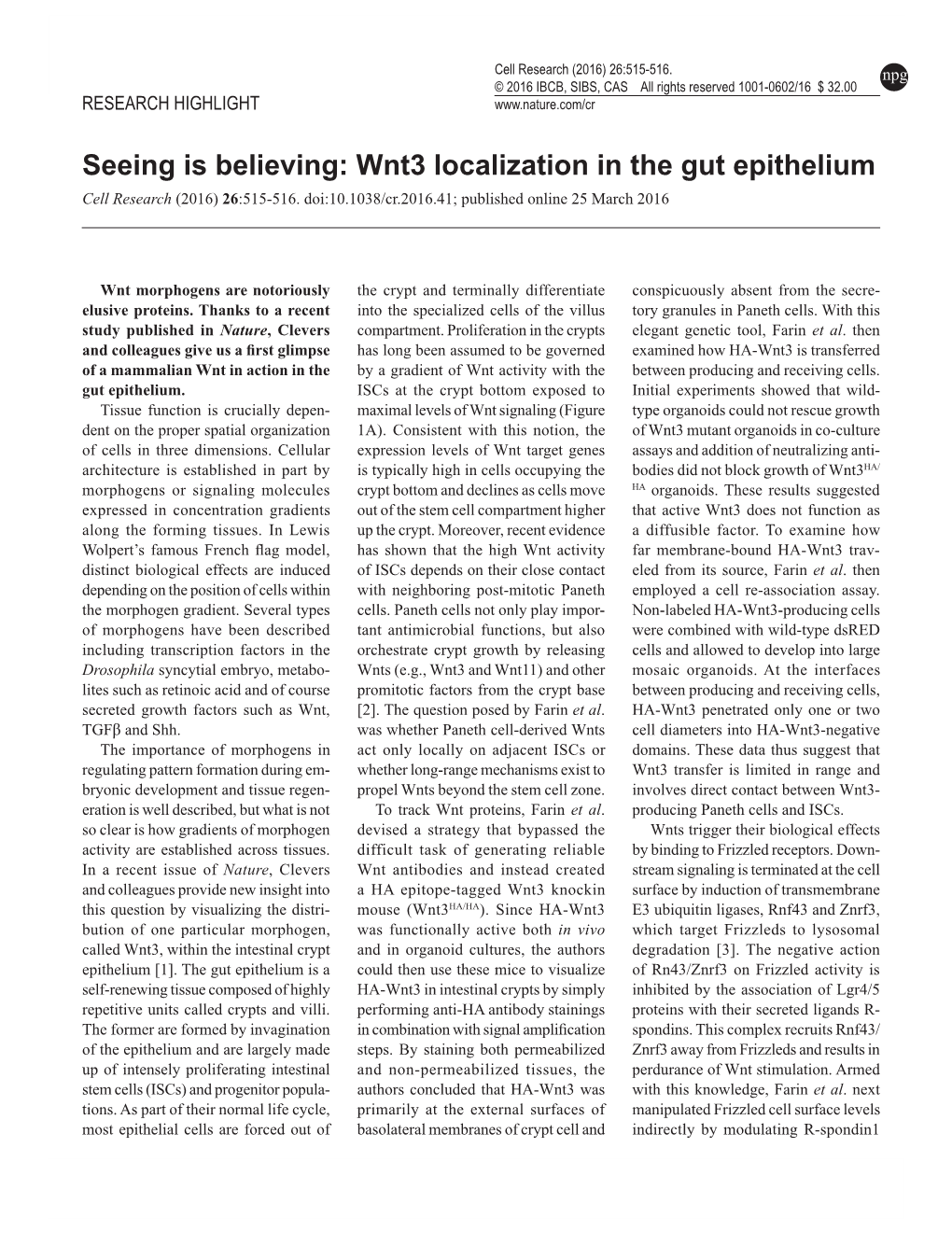 Wnt3 Localization in the Gut Epithelium Cell Research (2016) 26:515-516