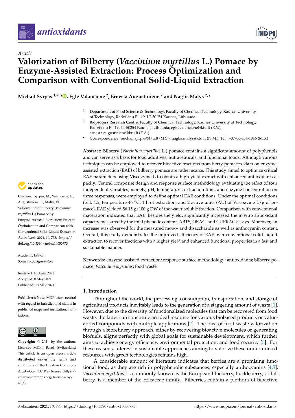 (Vaccinium Myrtillus L.) Pomace by Enzyme-Assisted Extraction: Process Optimization and Comparison with Conventional Solid-Liquid Extraction