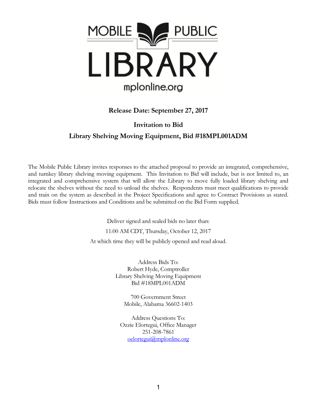 Release Date: September 27, 2017 Invitation to Bid Library Shelving Moving Equipment, Bid #18MPL001ADM