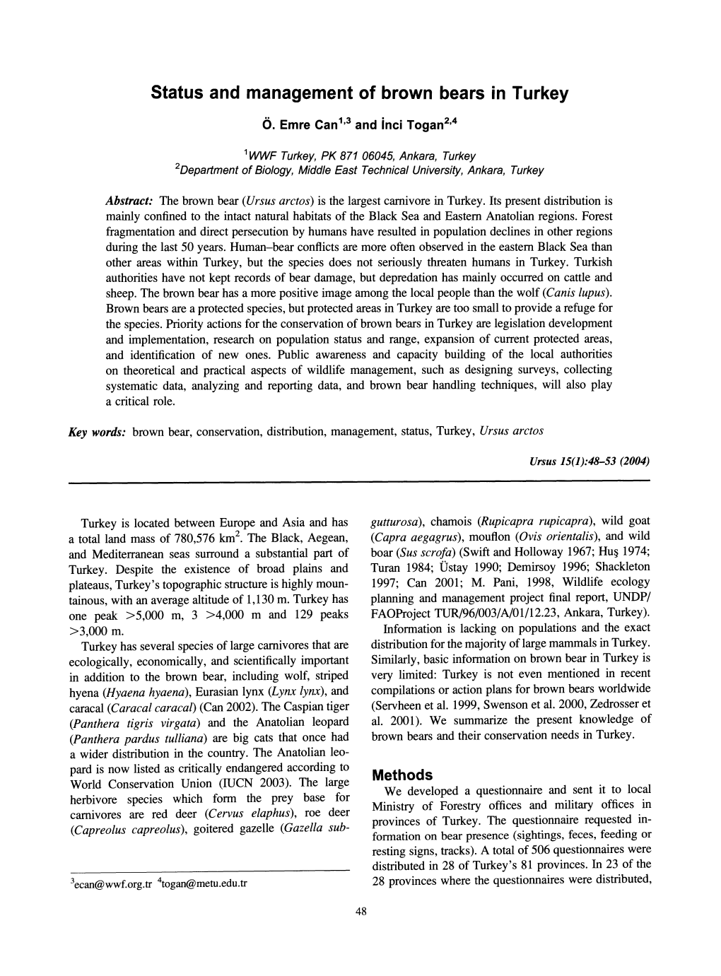 Status and Management of Brown Bears in Turkey