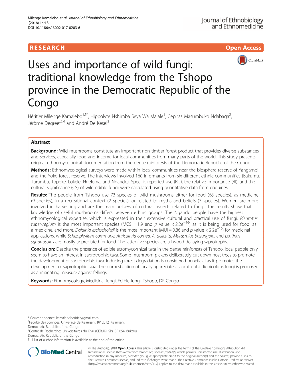 Uses and Importance of Wild Fungi: Traditional Knowledge from the Tshopo Province in the Democratic Republic of the Congo