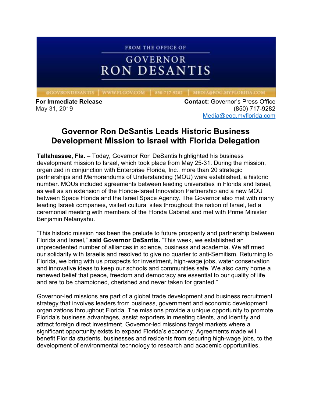 Governor Ron Desantis Leads Historic Business Development Mission to Israel with Florida Delegation