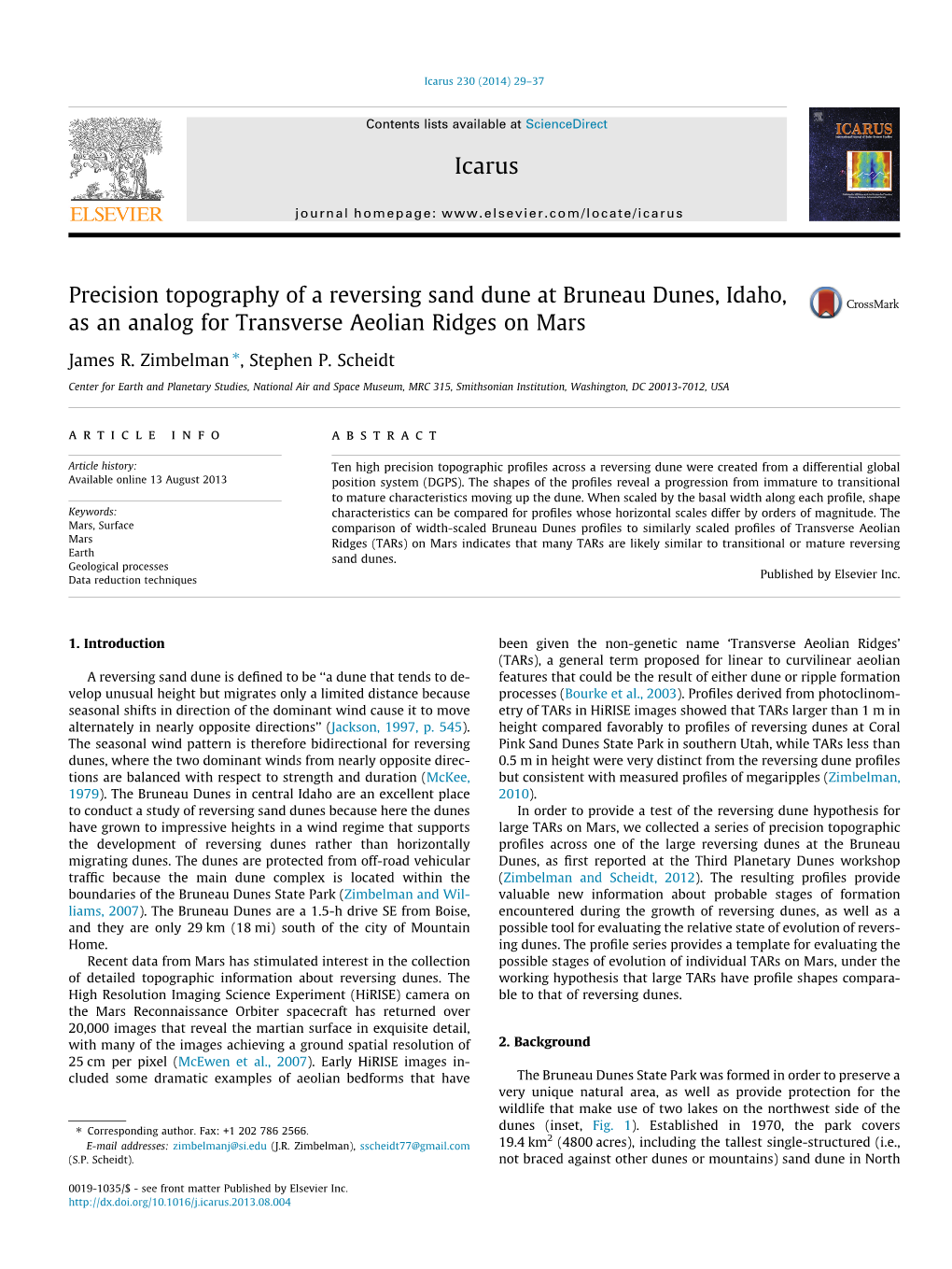 Precision Topography of a Reversing Sand Dune at Bruneau Dunes, Idaho, As an Analog for Transverse Aeolian Ridges on Mars ⇑ James R