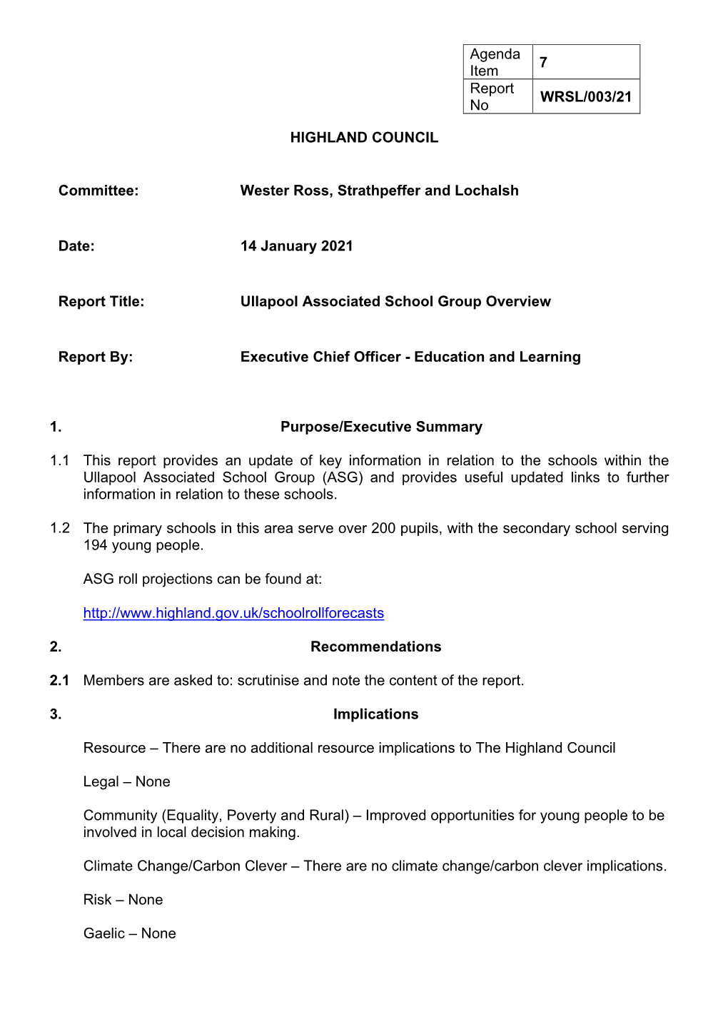 Associated School Group Overview WRSL/003/21