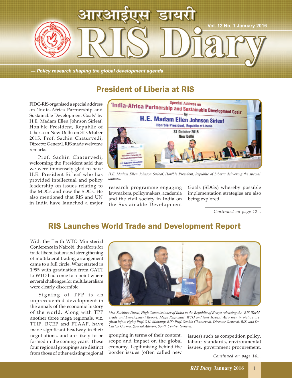 RIS Launches World Trade and Development Report President Of