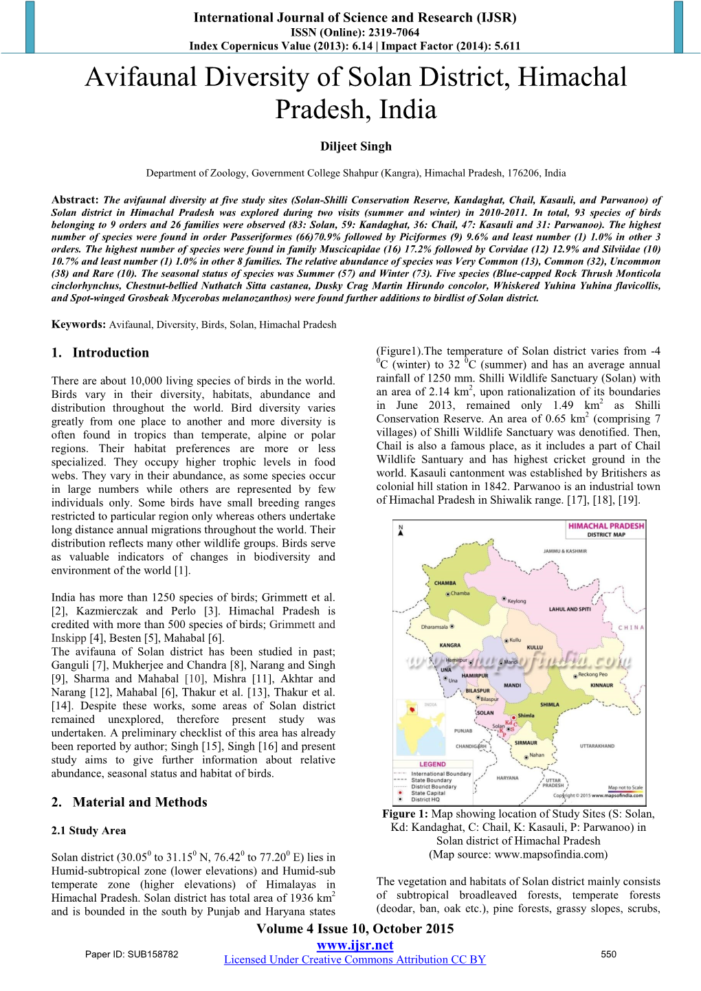 Avifaunal Diversity of Solan District, Himachal Pradesh, India