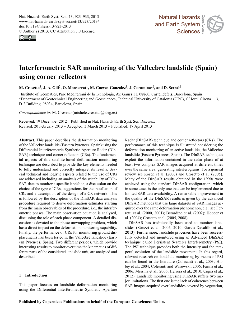 Interferometric SAR Monitoring of the Vallcebre