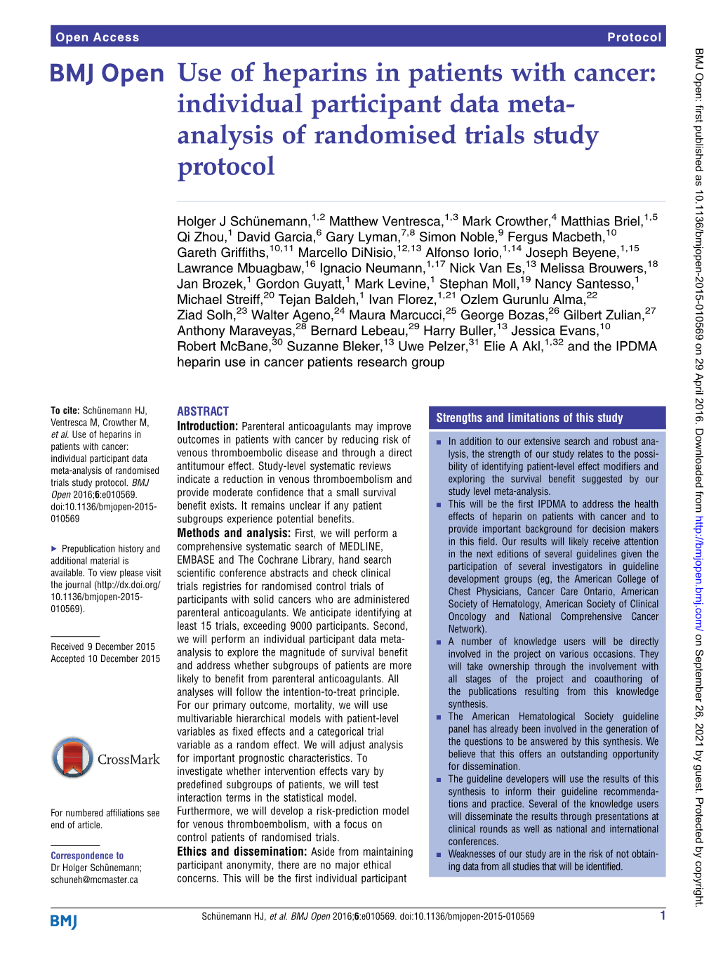 Use of Heparins in Patients with Cancer: Individual Participant Data Meta- Analysis of Randomised Trials Study Protocol