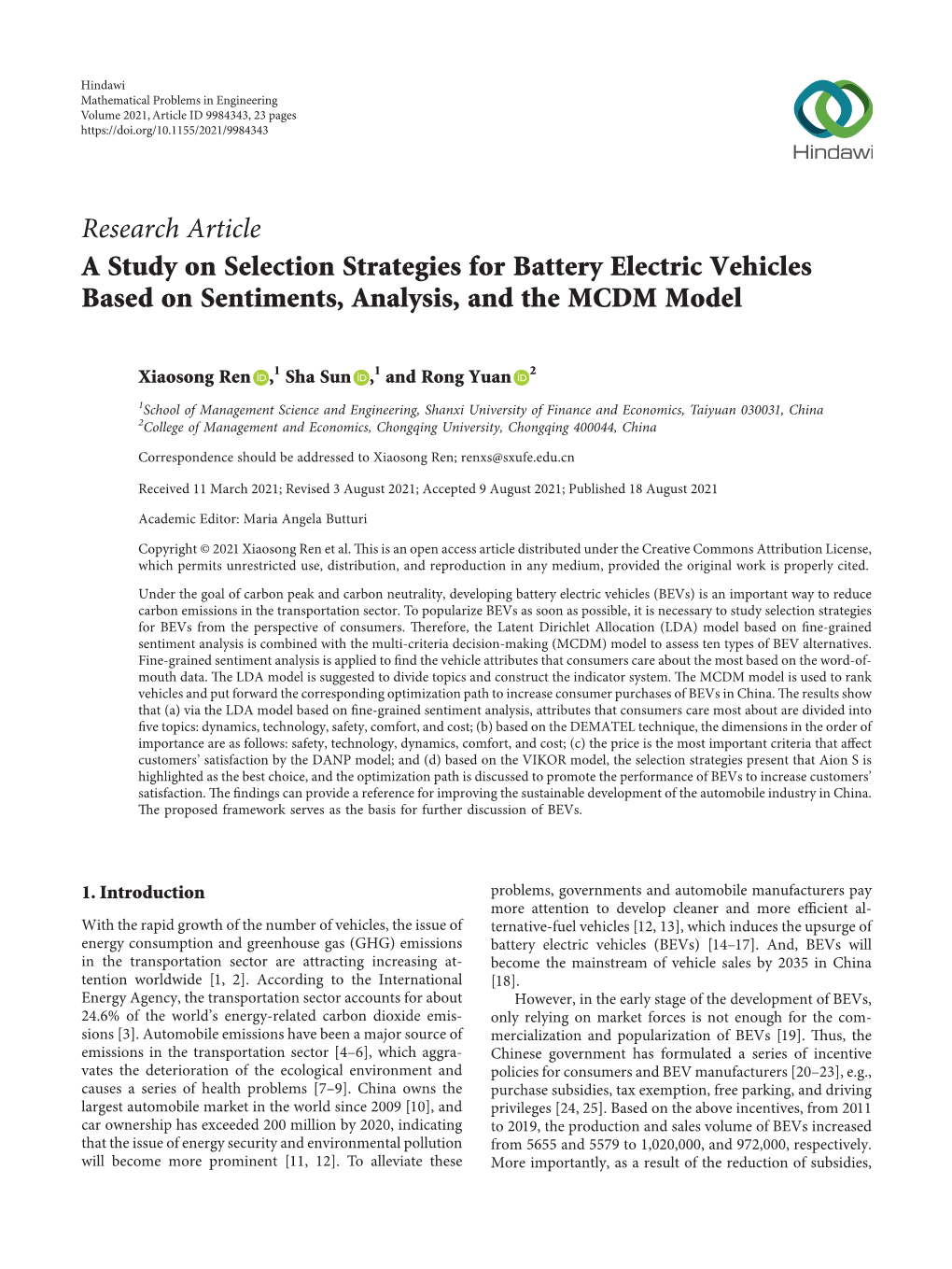 A Study on Selection Strategies for Battery Electric Vehicles Based on Sentiments, Analysis, and the MCDM Model