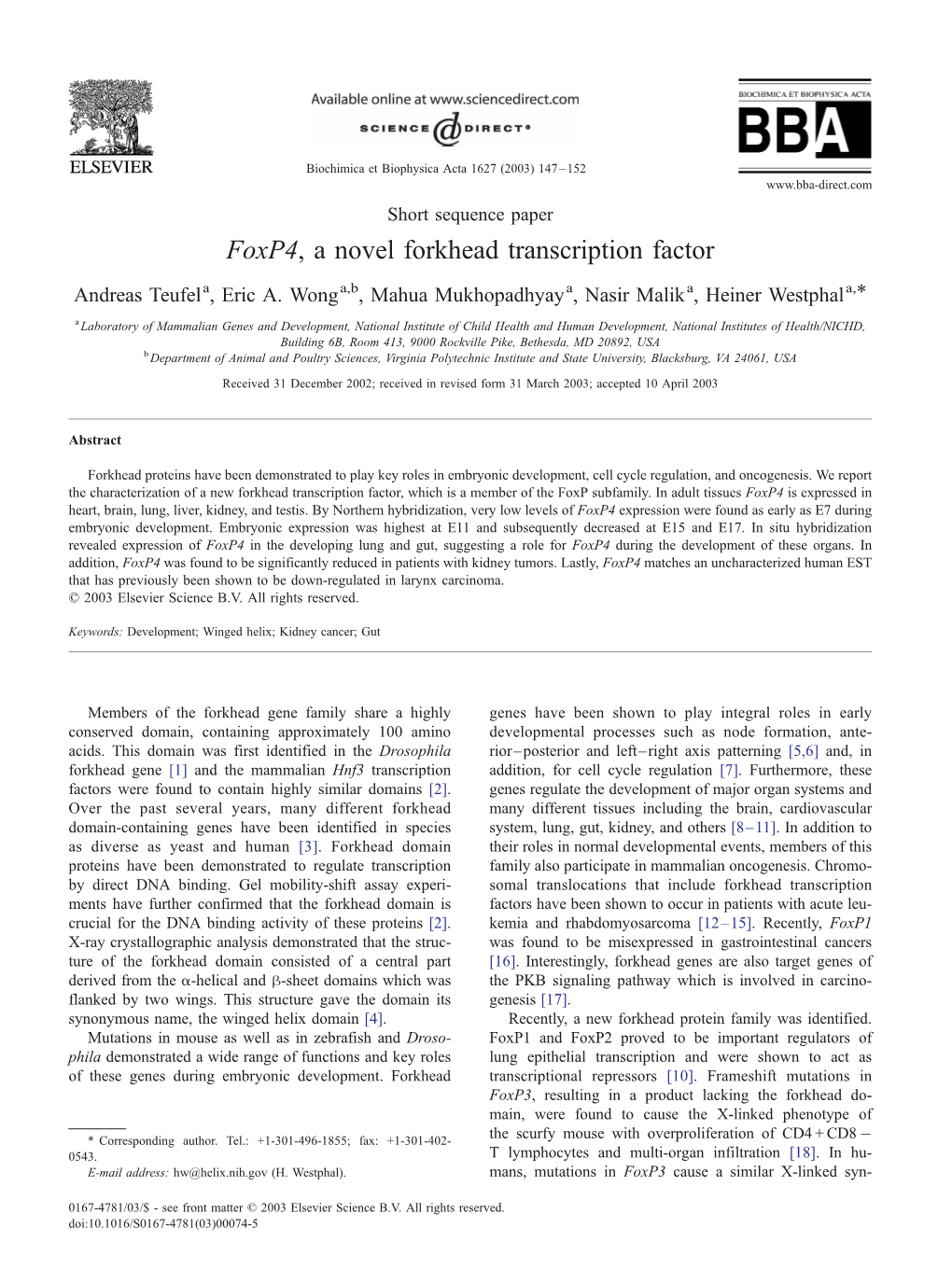 Foxp4, a Novel Forkhead Transcription Factor