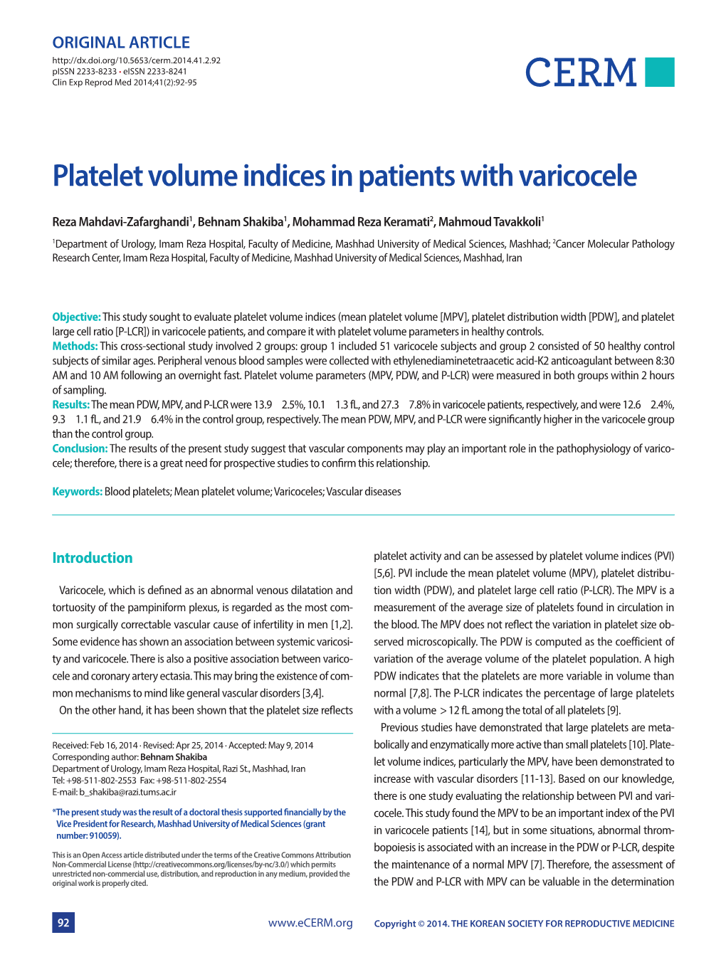 Platelet Volume Indices in Patients with Varicocele