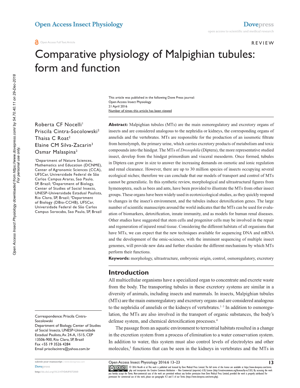 Comparative Physiology of Malpighian Tubules: Form and Function