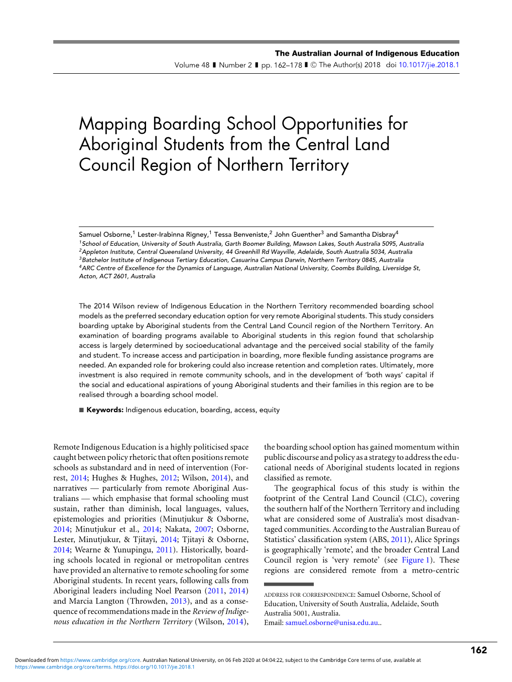 Mapping Boarding School Opportunities for Aboriginal Students from the Central Land Council Region of Northern Territory