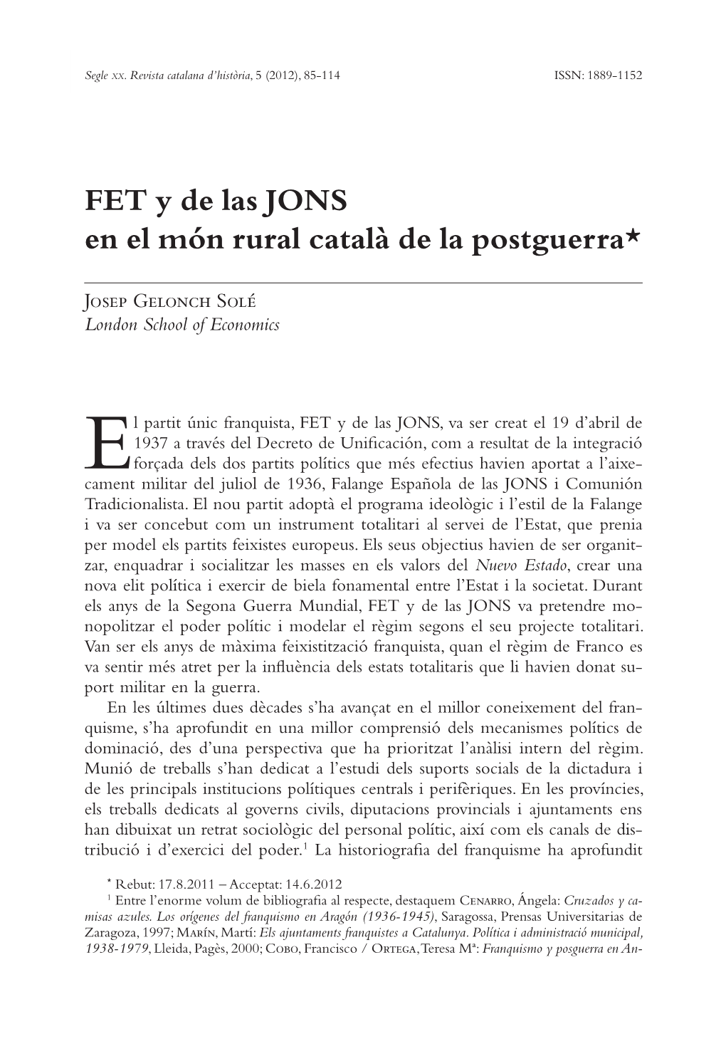 FET Y De Las JONS En El Món Rural Català De La Postguerra*