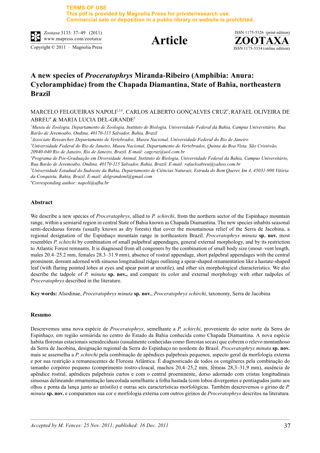 A New Species of Proceratophrys Miranda-Ribeiro (Amphibia: Anura: Cycloramphidae) from the Chapada Diamantina, State of Bahia, Northeastern Brazil