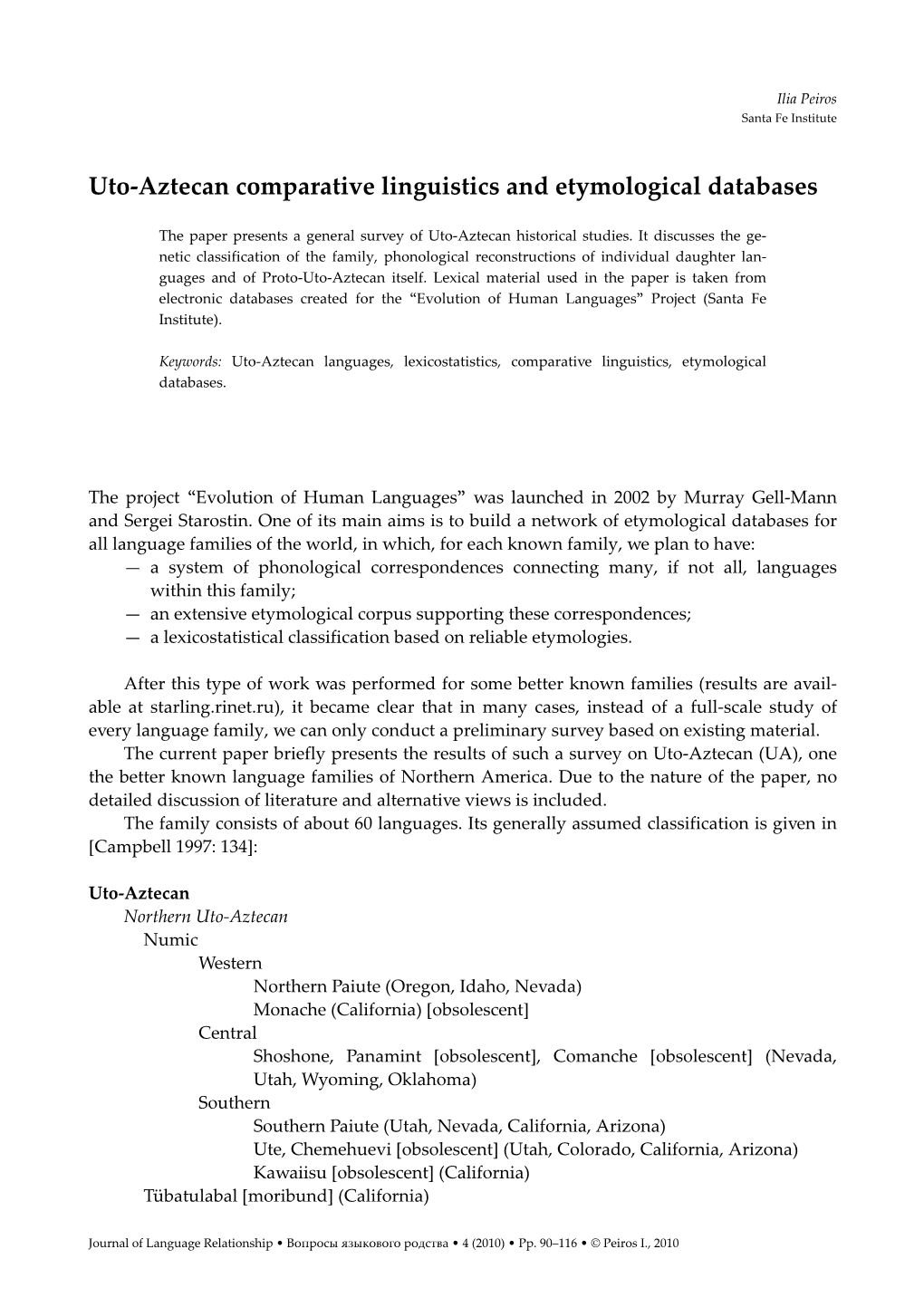 Uto-Aztecan Comparative Linguistics and Etymological Databases