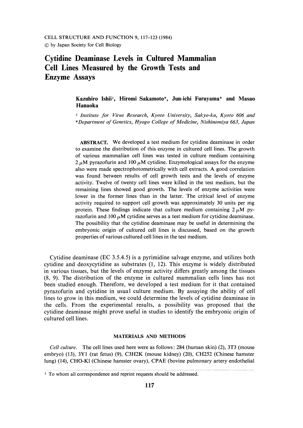 Cytidine Deaminase Levels in Cultured Mammalian Cell Lines Measured by the Growth Tests and Enzyme Assays