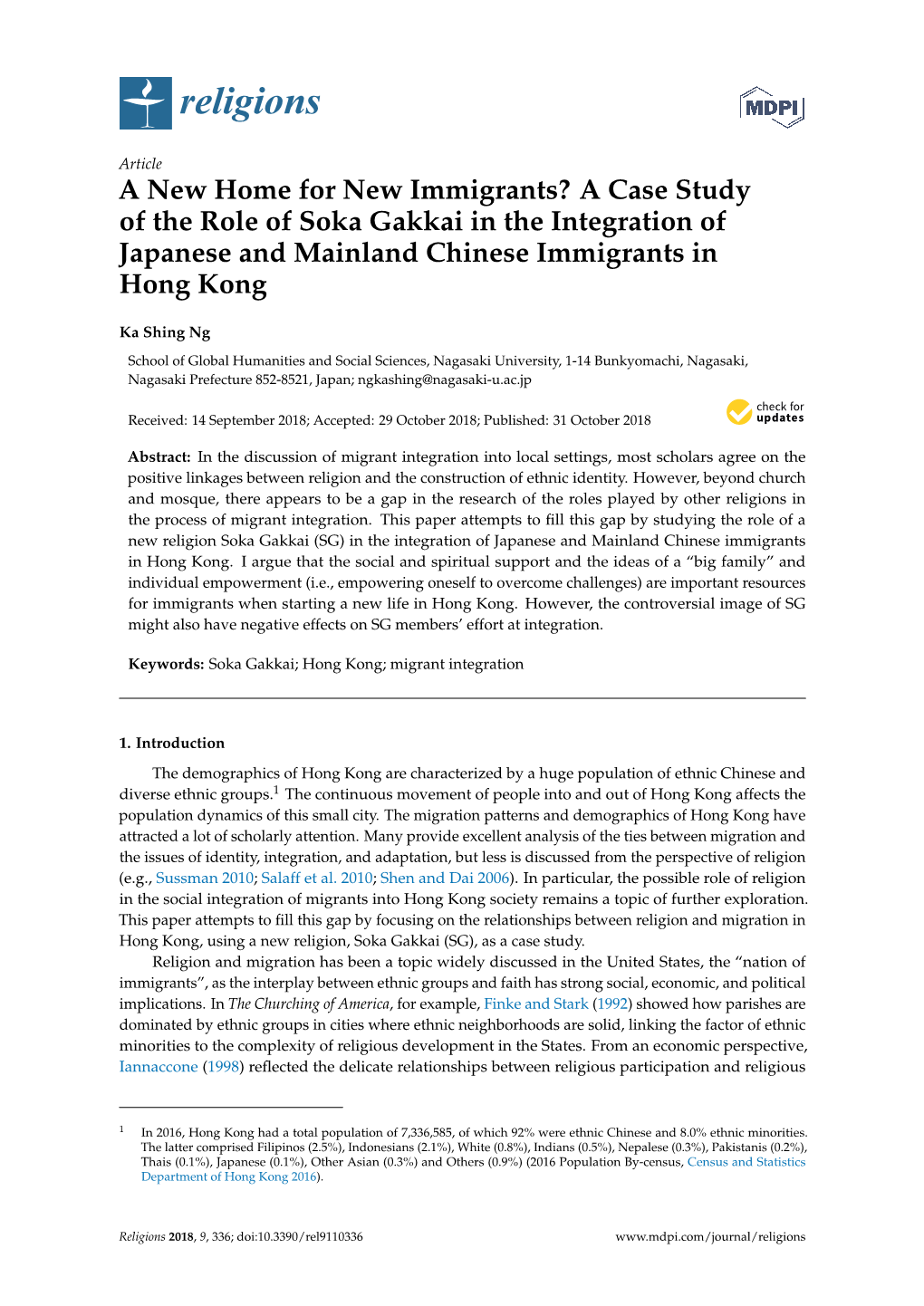 A Case Study of the Role of Soka Gakkai in the Integration of Japanese and Mainland Chinese Immigrants in Hong Kong