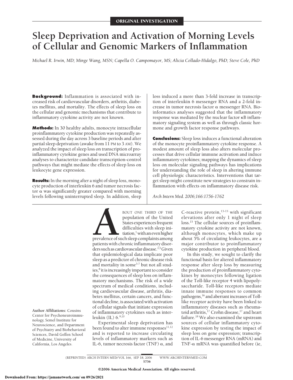 Sleep Deprivation and Activation of Morning Levels of Cellular and Genomic Markers of Inflammation