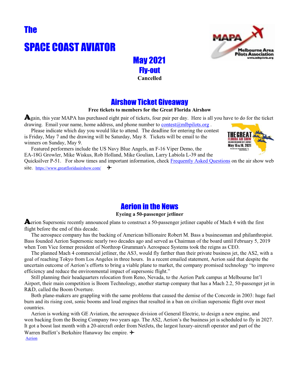 May 2021 Fly-Out Cancelled