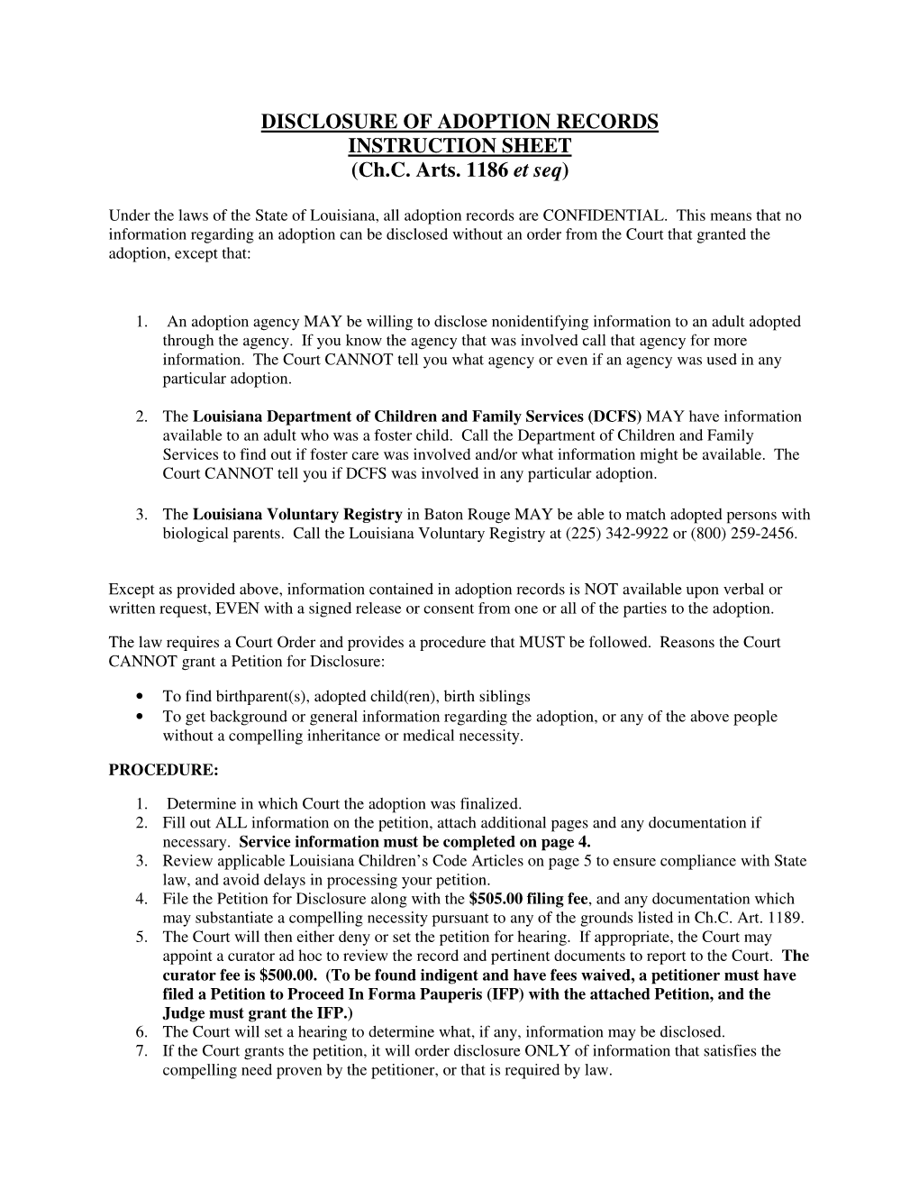 DISCLOSURE of ADOPTION RECORDS INSTRUCTION SHEET (Ch.C