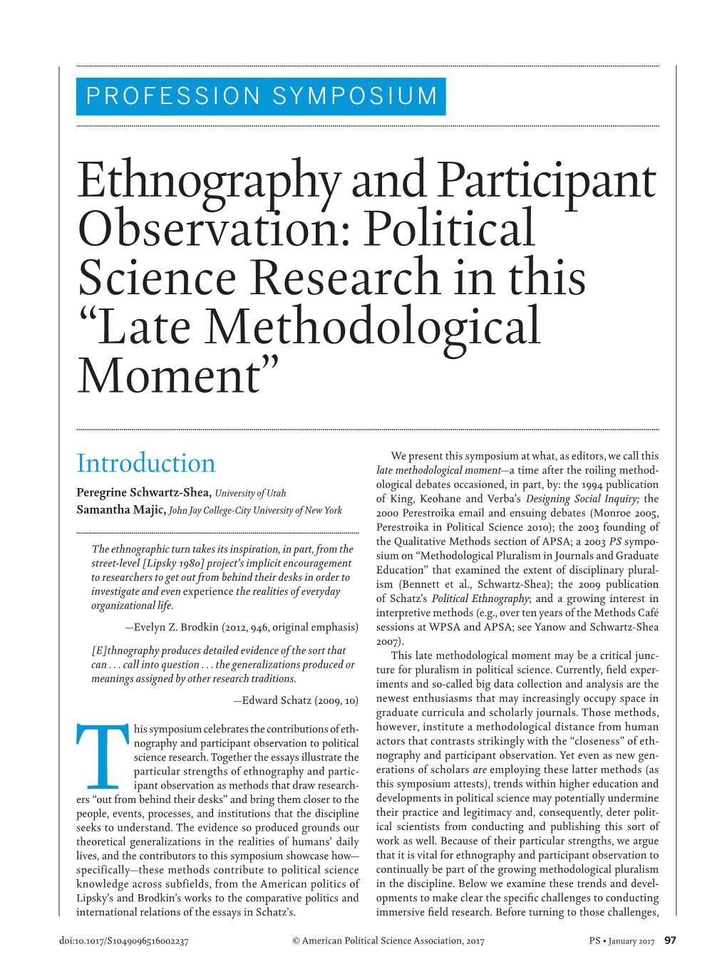 Ethnography and Participant Observation: Political Science Research in This “Late Methodological Moment”