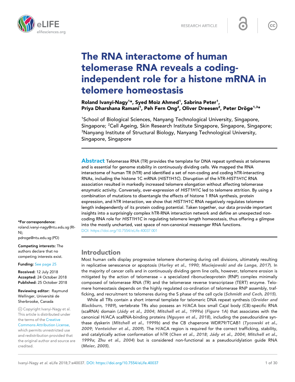 Independent Role for a Histone Mrna in Telomere Homeostasis