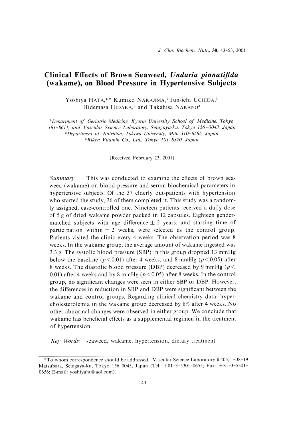 Clinical Effects of Brown Seaweed, Undaria Pinnatifida (Wakame), on Blood Pressure in Hypertensive Subjects