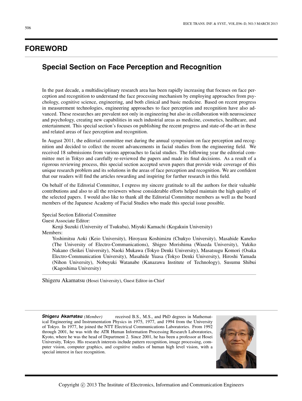 FOREWORD Special Section on Face Perception And