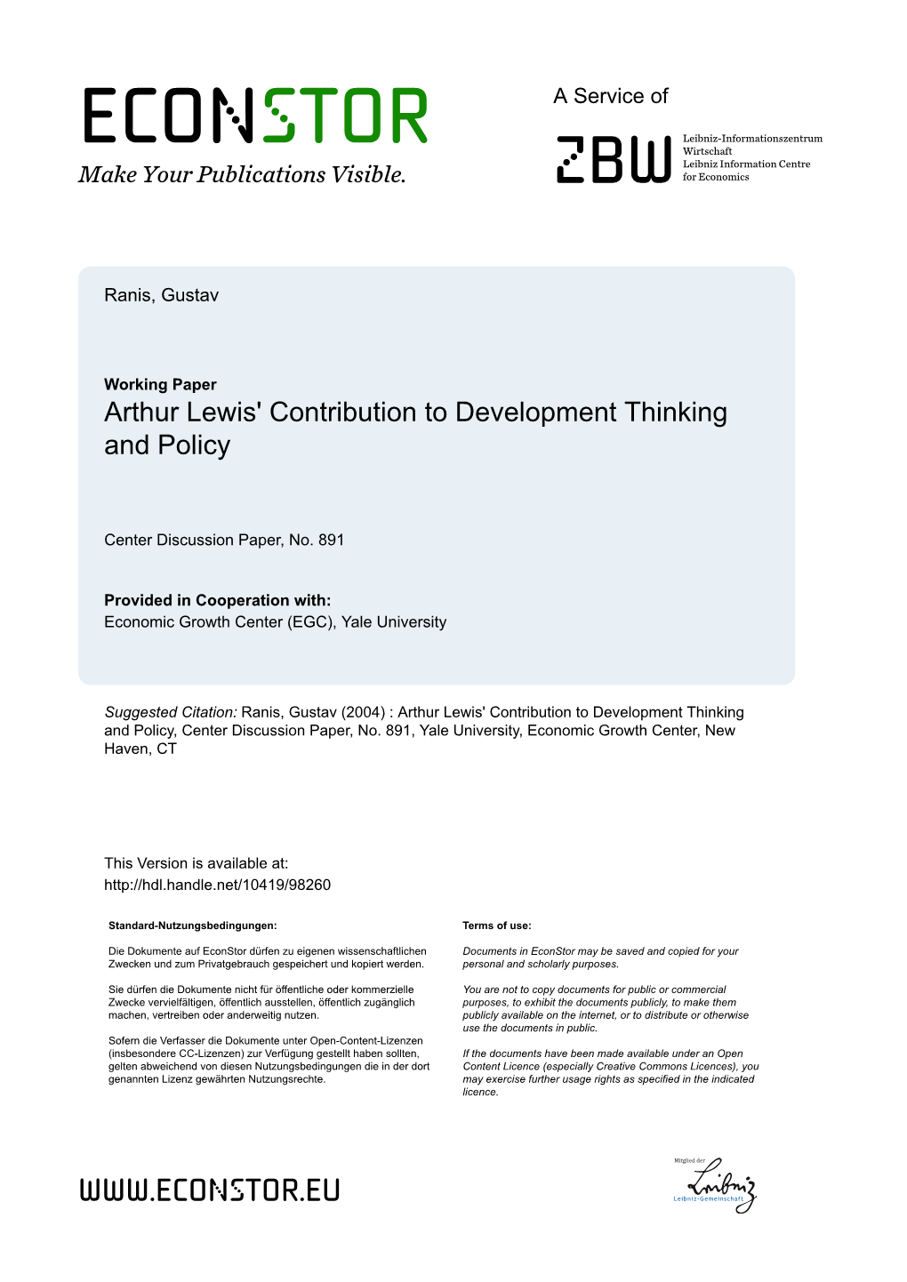 Arthur Lewis' Contribution to Development Thinking and Policy