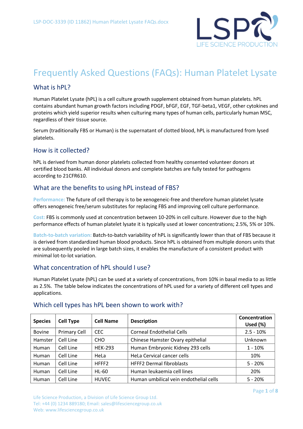 Human Platelet Lysate Faqs UPDATED FEB20