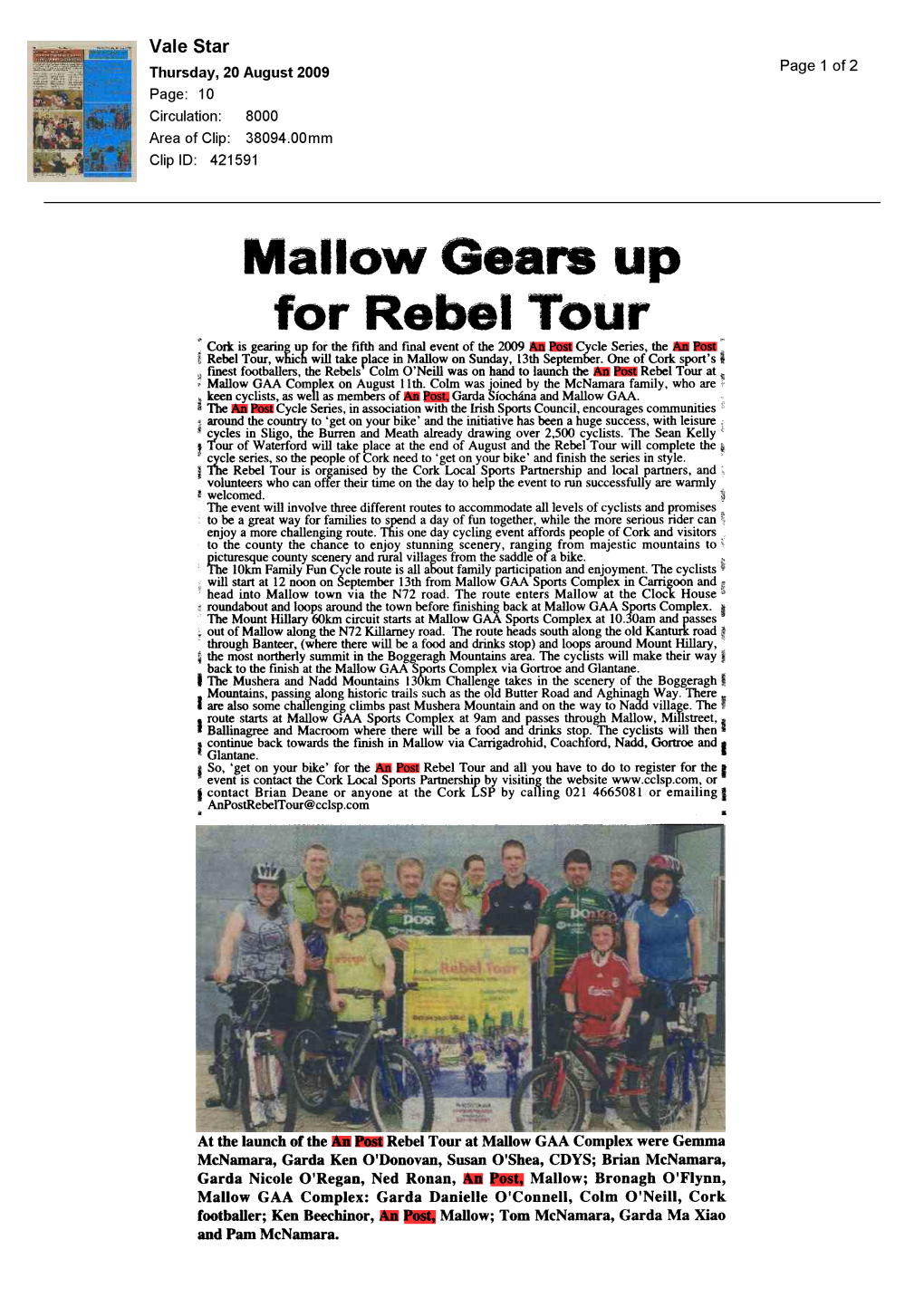 Mallow Gears up for Rebel Tour \ Cork Is Gearing up for the Fifth and Final Event of the 2009 an Post Cycle Series, the an Post