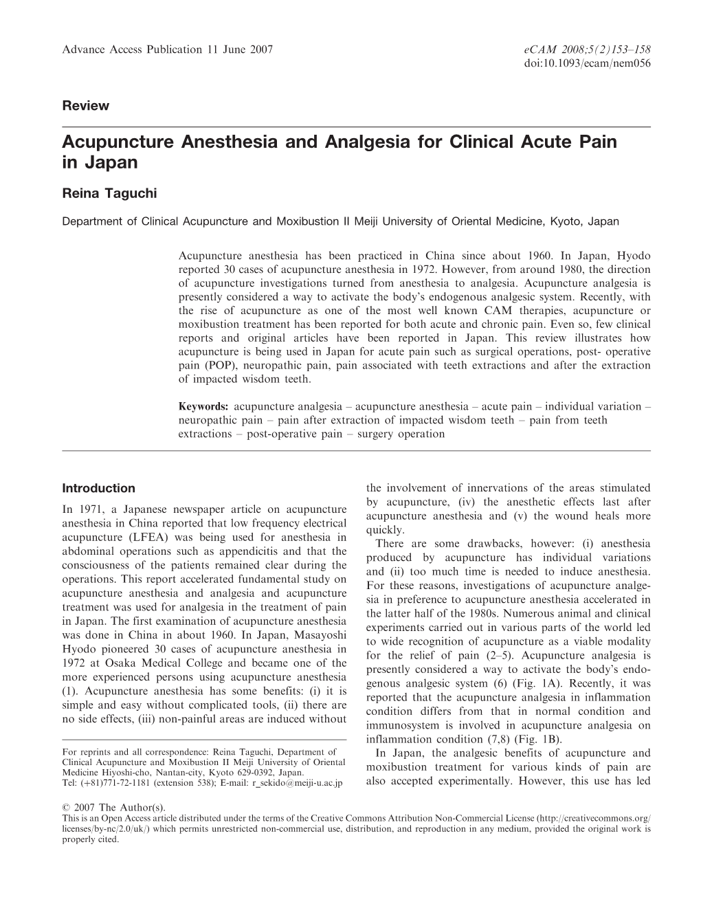 Acupuncture Anesthesia and Analgesia for Clinical Acute Pain in Japan