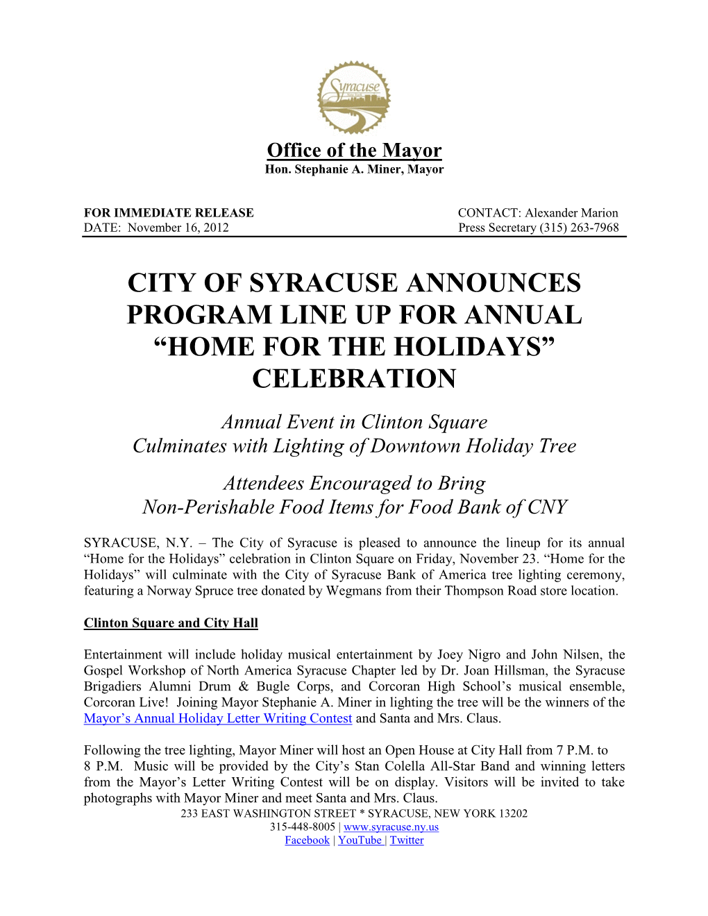 City of Syracuse Announces Program Line up for Annual “Home for the Holidays” Celebration