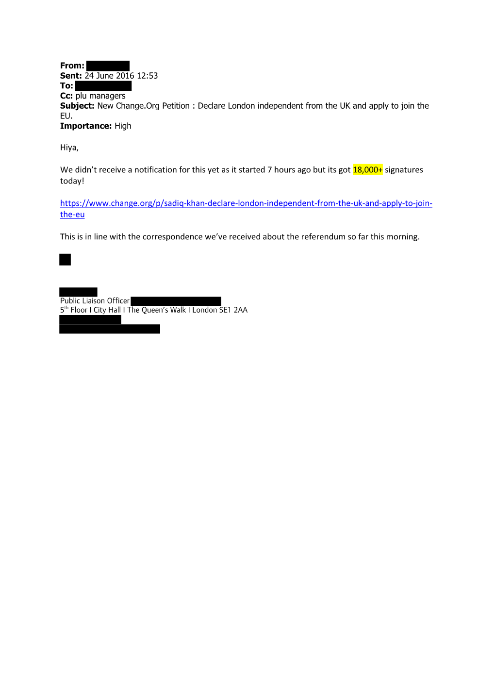 Sadiq Khan: Now London Must 'Take Back Control' News Release Office Hours: 020 7983 4070 out of Hours and Weekends: 020 7983 4000 @LDN Pressoffice