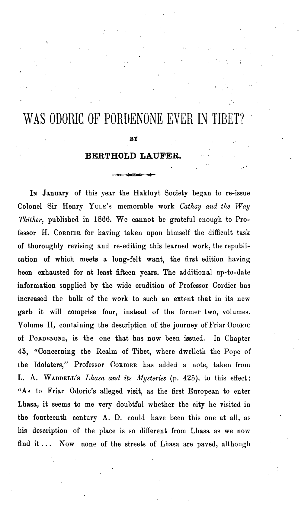 Was Odoric of Pordenone Ever in Tibet?