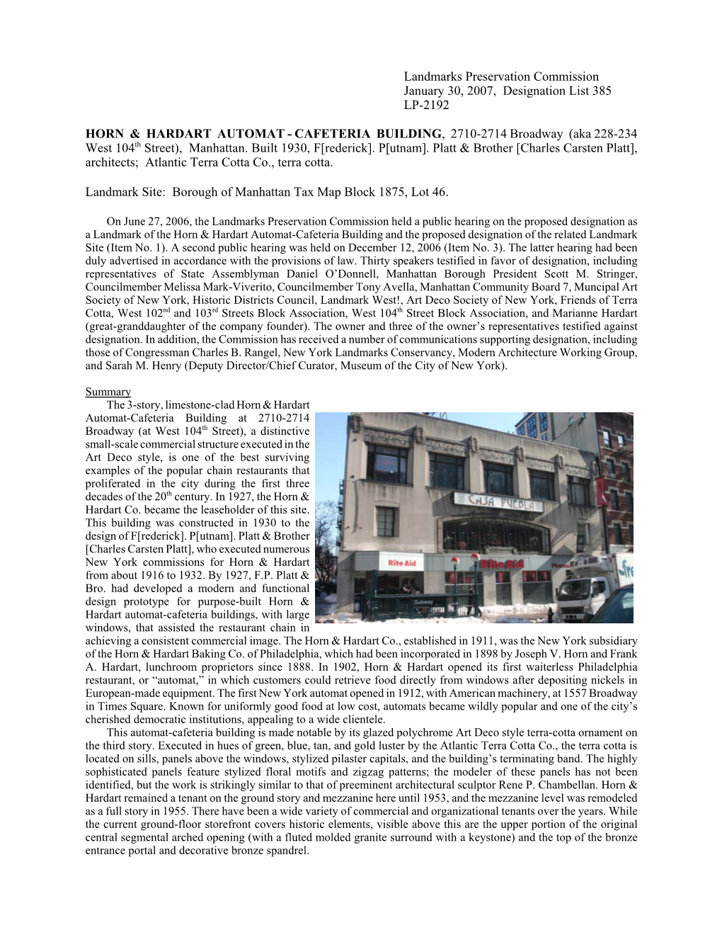 Landmarks Preservation Commission January 30, 2007, Designation List 385 LP-2192