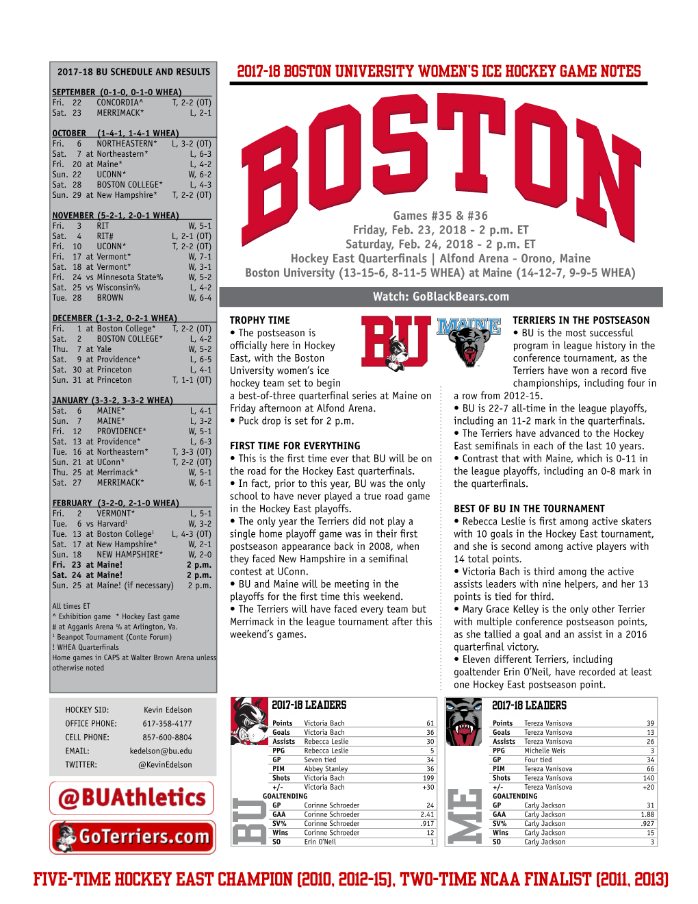 Five-Time Hockey East Champion (2010, 2012-15), Two-Time Ncaa Finalist (2011, 2013) 2017-18 Boston University Women’S Ice Hockey