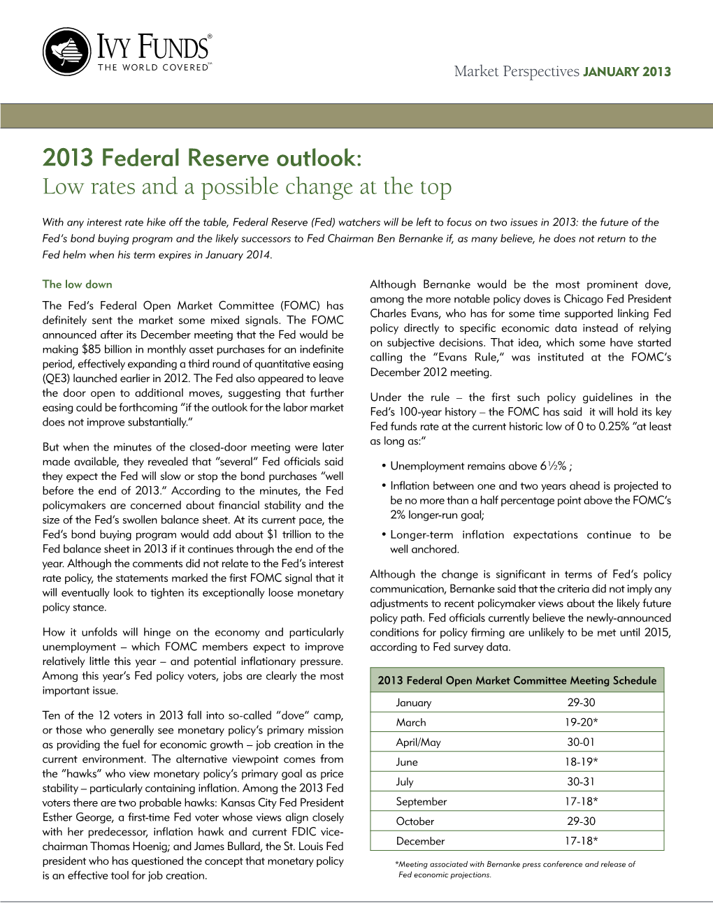 2013 Federal Reserve Outlook: Low Rates and a Possible Change at the Top