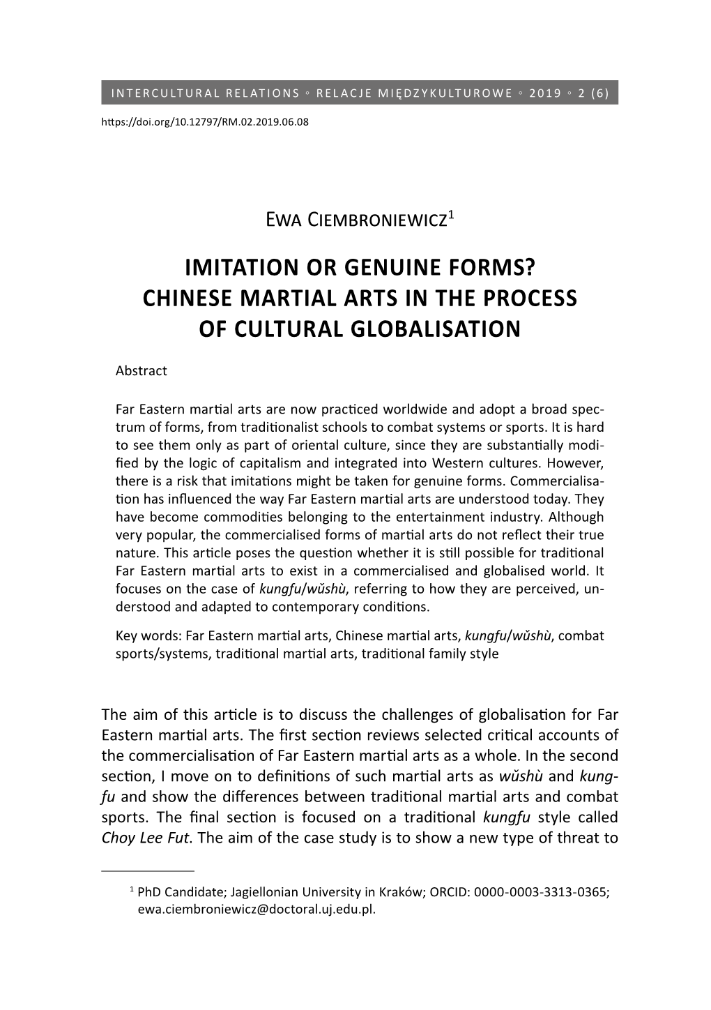 Imitation Or Genuine Forms? Chinese Martial Arts in the Process of Cultural Globalisation