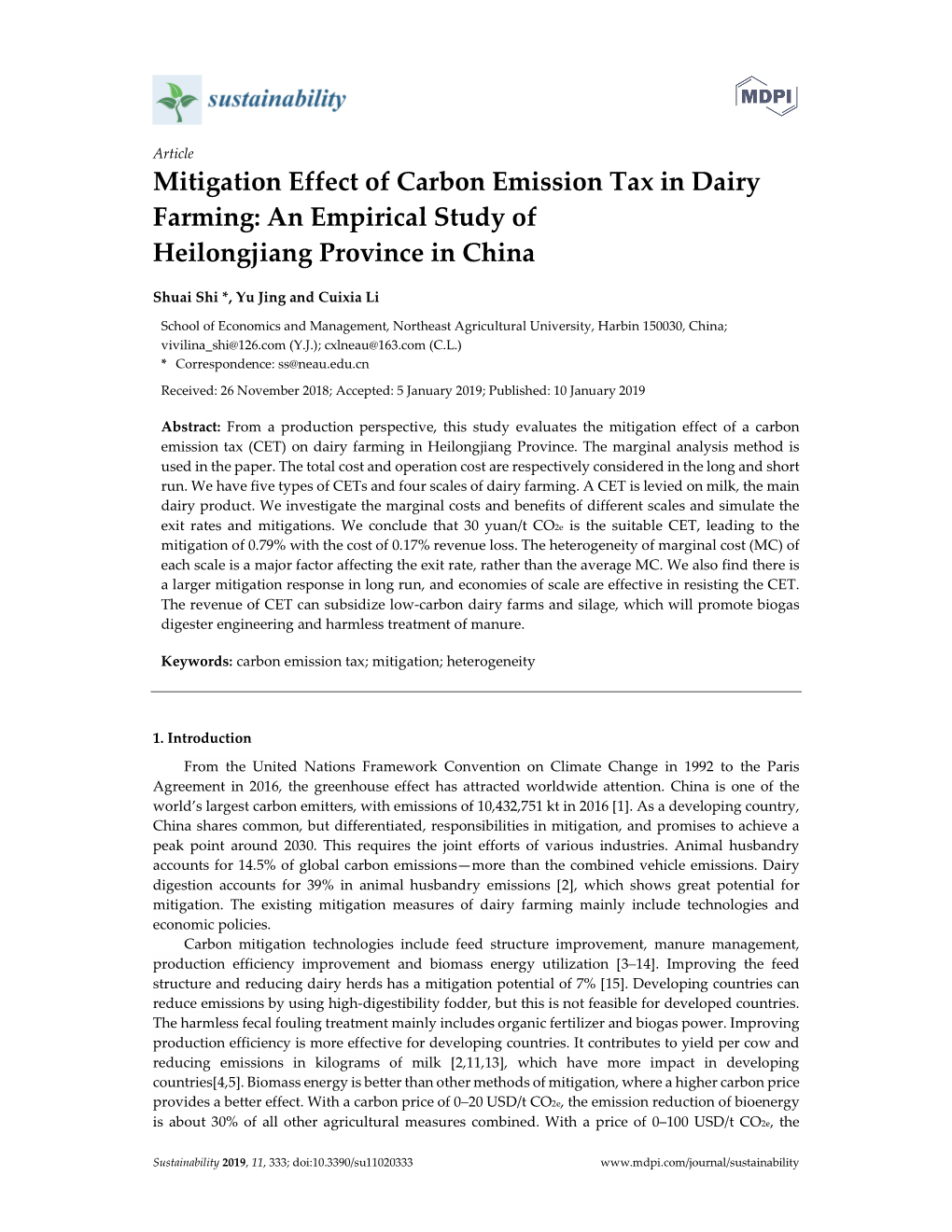 Mitigation Effect of Carbon Emission Tax in Dairy Farming: an Empirical Study of Heilongjiang Province in China